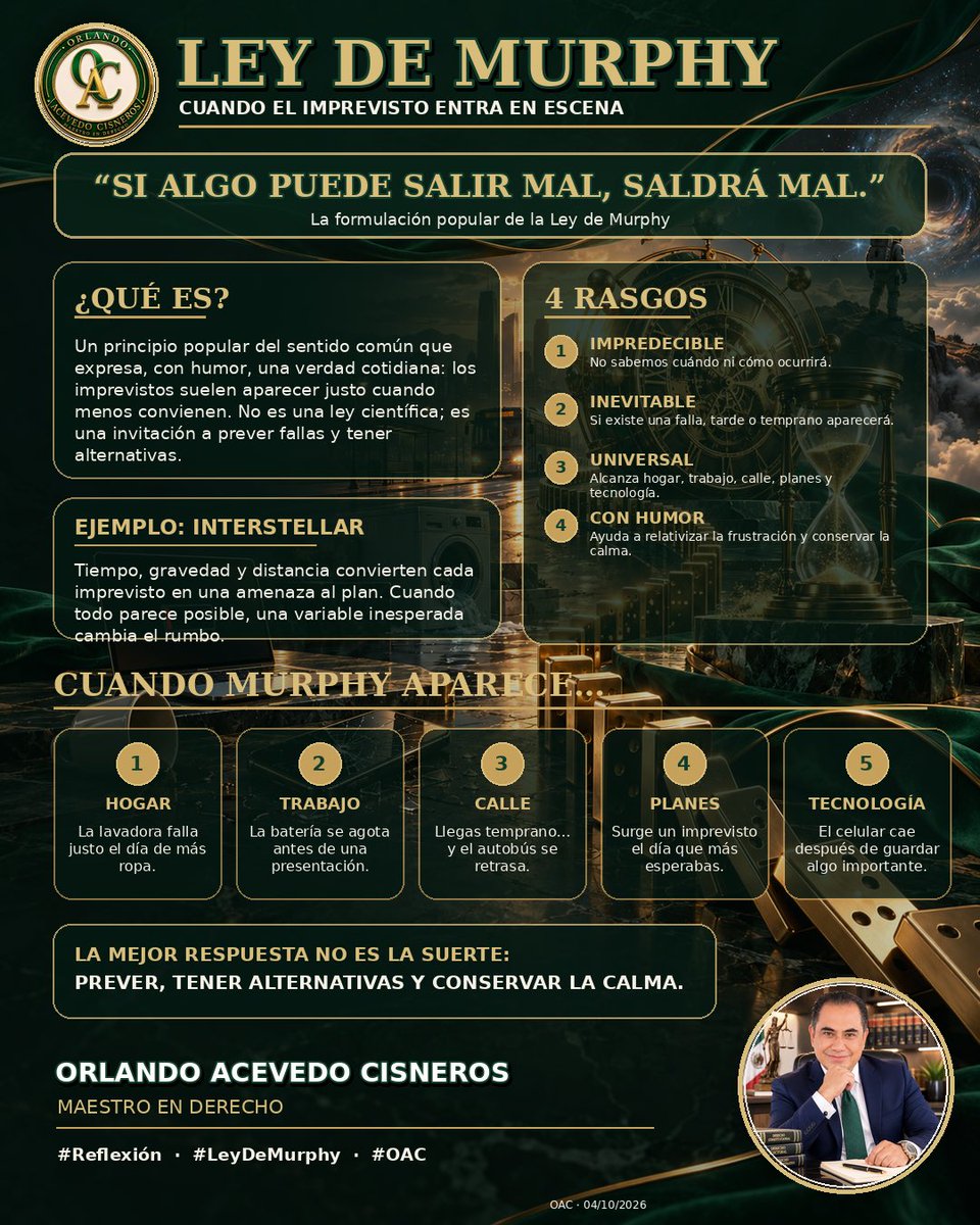 OR_AC's tweet photo. ¿Te ha pasado que todo falla justo cuando no puede fallar nada?

La Ley de Murphy dice: “Si algo puede salir mal, saldrá mal”.

La respuesta no es vivir con miedo, sino prever, tener alternativas y conservar la calma.

¿Cuál ha sido tu momento más “Murphy”?

#LeyDeMurphy #OAC https://t.co/Cw1wXaMygF