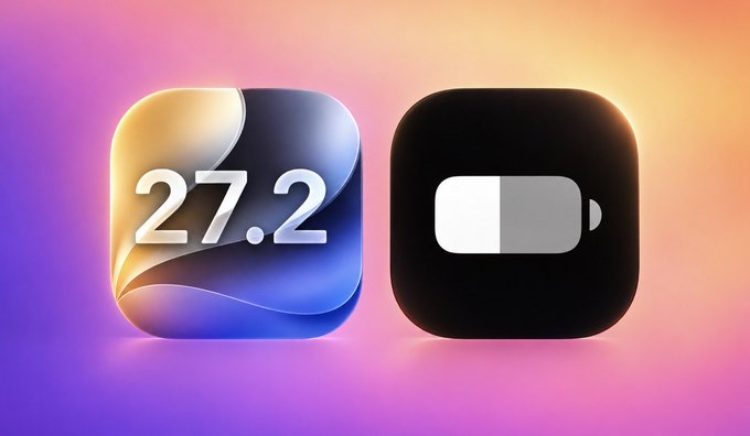 The image features two iOS-style app icons against a gradient background—one displaying "27.2" with abstract flowing shapes, and another black icon showing a battery graphic at 50% charge. These icons symbolize the iOS 27.2 update mentioned in the caption, with the battery icon possibly hinting at battery-related improvements coming with the release.