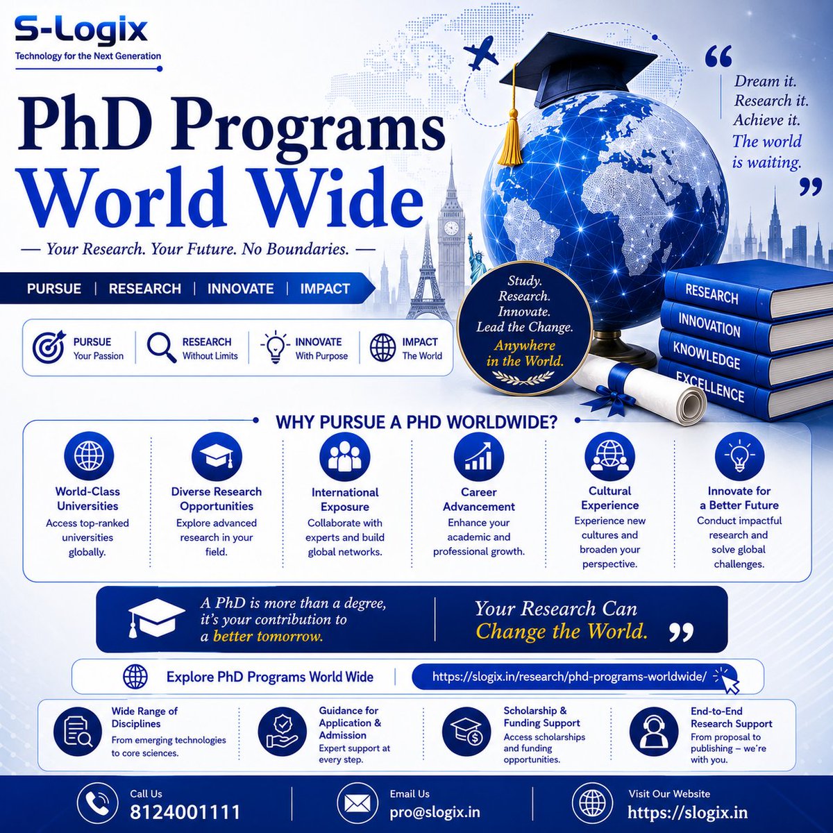 SlogixAdmin's tweet photo. 🎓🌍Dream. Research. Achieve.
Explore PhD Programs Worldwide with guidance for research opportunities, admissions, scholarships & funding.
📞 8124001111 | 🌐 https://t.co/wMqMom4UAE
#PhD #PhDAbroad #StudyAbroad #Research #HigherEducation #SLogix https://t.co/iR94Iod1eq