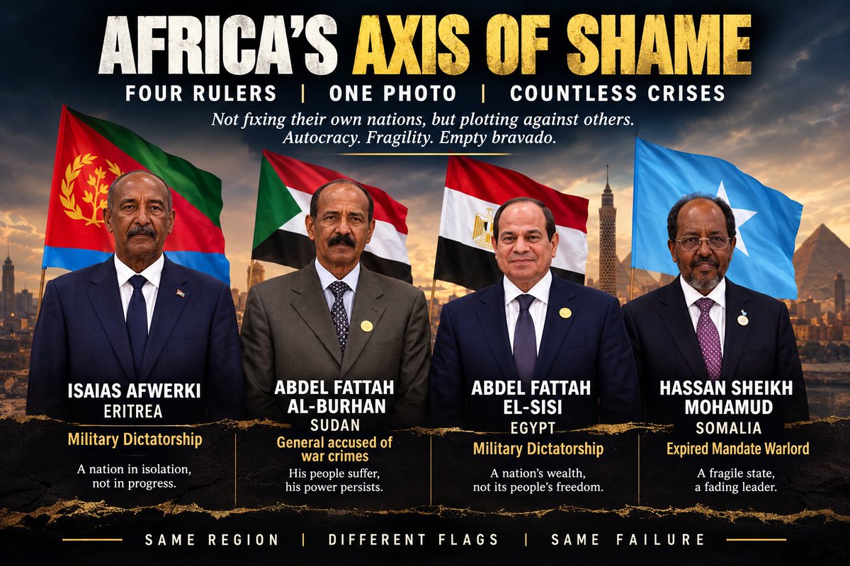 SaeedSurwaale's tweet photo. Africa’s AXIS OF SHAME—on parade in Cairo. Al-Burhan, Afwerki, el-Sisi and Villa Somalia’s Hassan Sheikh gathered, not to fix their own crises, but to posture against others. #Autocracy, #fragility and empty #flamboyance in one frame. 
History will remember the failure. https://t.co/zNnSGTDP58