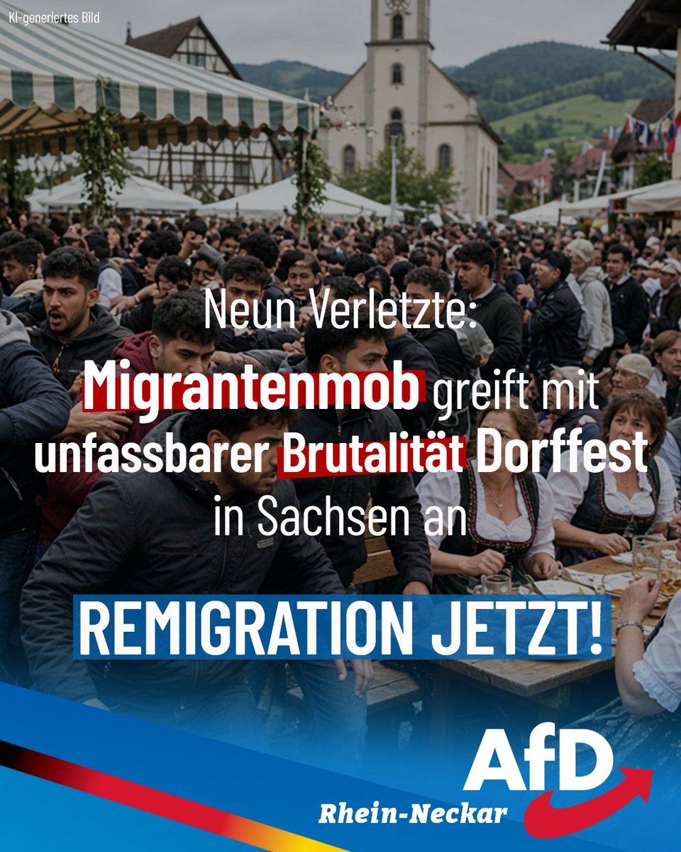 AfD_RNK's tweet photo. ++ Migrantenmob überfällt Dorffest in Sachsen: 9 Verletzte! ++

Im sächsischen Dorf Beicha fand vorletzten Samstag die traditionelle Oktoberparty statt. Nach Rangeleien und Provokationen – Ausländer urinierten auf einem Privatgrundstück – eskalierte die Situation. Nachdem die Migranten offenbar Unterstützung herbeizitiert hatten, griff dieser Mob Partygäste mit unfassbarer Brutalität an. Sie schlugen mit Bierkrügen auf Köpfe ein und griffen auch mit abgeschlagenen Flaschenhälsen an. Neun Personen wurden verletzt, davon sechs so schwer, dass sie im Krankenhaus behandelt werden mussten.

Die Täter flüchteten mit vier Autos, wobei eines kurz darauf von der Polizei gestellt werden konnte. Nach der Aufnahme der Personalien wurden die Täter jedoch laufen gelassen. Am Tag darauf kam ein Teil des Migrantenmobs zurück und bedrohte die Opfer: „Wenn ihr redet, brennen wir Eure Häuser ab.“

Der ÖRR berichtete sogar darüber – und titelte bewusst irreführend von einem „eskalierten Streit“ bei einer „Auseinandersetzung“.

Was in Deutschland mittlerweile vor sich geht, ist unfassbar. Wir brauchen dringend Remigration!