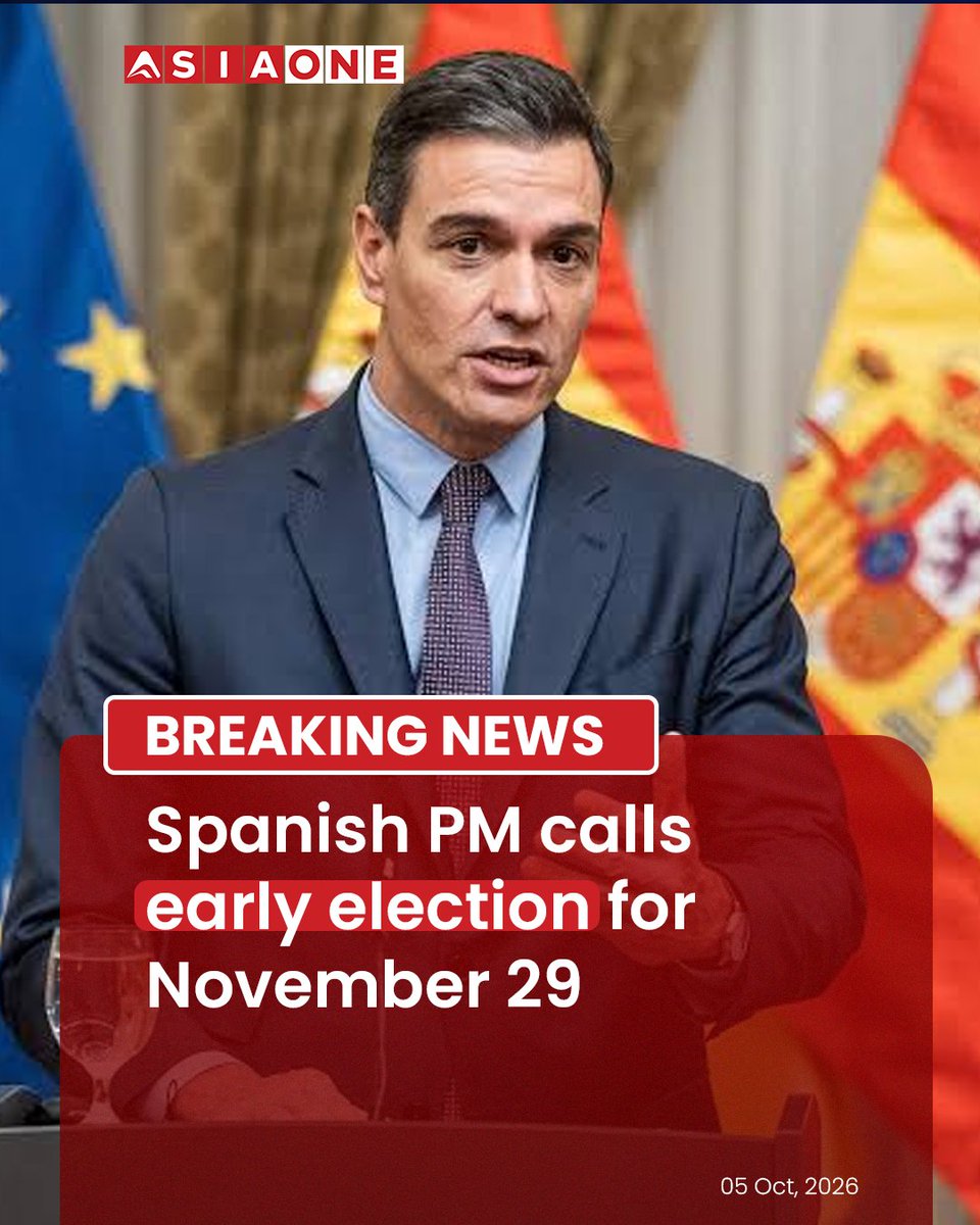 AsiaOne_News's tweet photo. Spanish PM Pedro Sanchez calls an early election for November 29 of this year.

#Asiaone #Asiaonenews #Spain #PedroSanchez #SpainElection #EarlyElection #SpanishPolitics #Europe #Politics https://t.co/SgnX7DOKS3