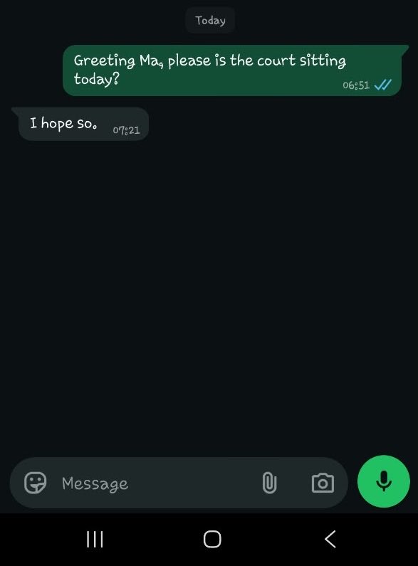 0esq0's tweet photo. This is a registrar’s response to a colleague in the morning, when the court is meant to sit. https://t.co/6MBhDinf0D