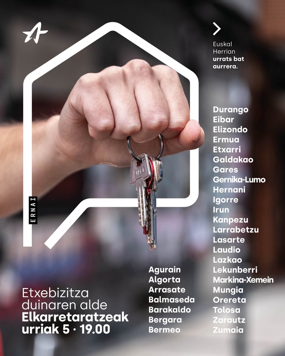 ideiazabaldub's tweet photo. 🔑| JARRAITU DEZAGUN KALEAN, BORROKA DA GILTZA! 

Gaur @ernaigazte-ren txanda: mobilizazioak eskualde buruetan etxebizitza eskubidearen alde.

Utikan funts putre eta espekulatzaileak, altxa Euskal Herria! ✊🏼 https://t.co/04cBFAl0ZB