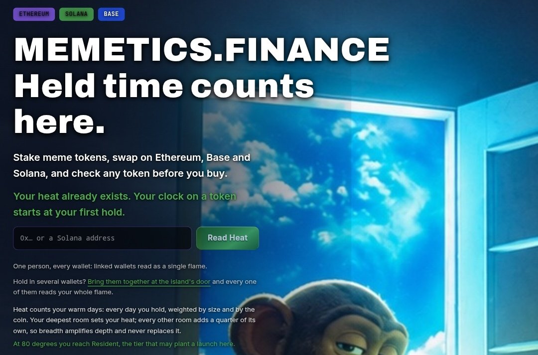 0xTJustin's tweet photo. What if you could save time, explore onchain opportunities and do more from one place?

Memetics Finance makes it easier to:

- trade tokens and launch your own

- stake tokens, provide liquidity and earn rewards

- NFTs loans

- check tokens and their onchain activity before you buy

Instead of jumping across 15 different platforms you can explore all of this in one place (link in comments)