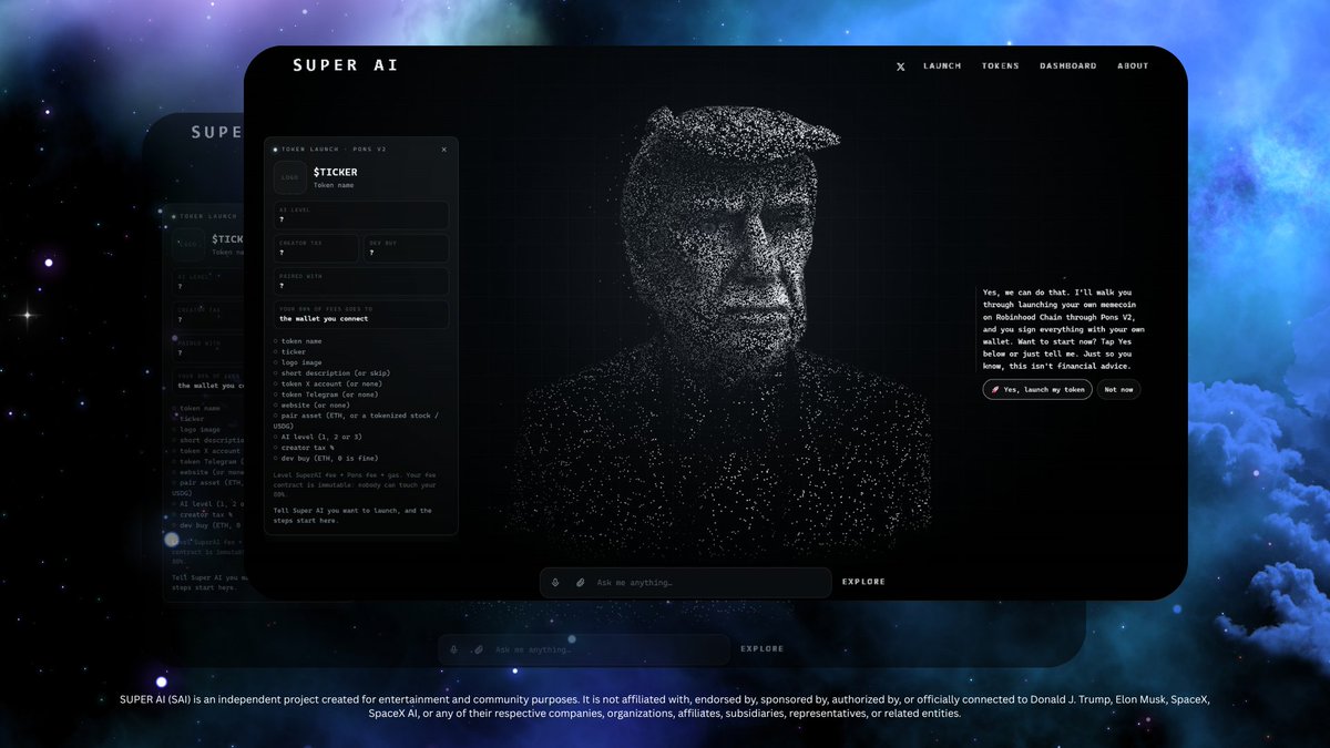 superai_guru's tweet photo. Introducing SUPER AI - the latest SI-powered token launcher.

Have an idea for a token? Just talk to Super AI.

Tell it what you want to launch, and Super AI helps turn your idea into a complete project — from the token concept, name, ticker and logo to branding, content, launch materials and X management.

You bring the idea.
Super AI turns it into a launch-ready token.

Launchpad: https://t.co/SvN6A62X3F