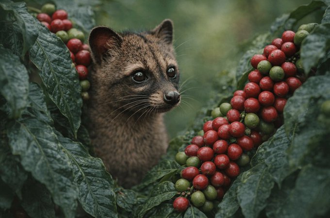 A wild civet peeks out from lush green foliage, surrounded by clusters of bright red coffee cherries.