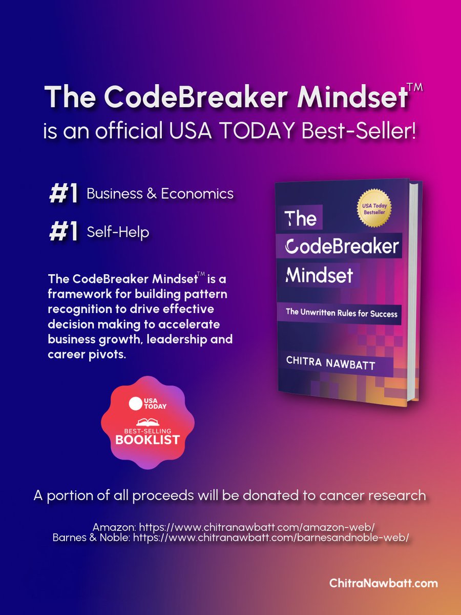 chitranawbatt's tweet photo. This is the first moment I saw my book, The CodeBreaker Mindset™, with the official USA TODAY Bestseller award logo printed on it.

It’s a #1 USA TODAY Bestseller in Business & Economics with proceeds going to cancer research. Link in bio.

Beyond grateful.

#CodeBreakerMindset #Grateful #Win #Success