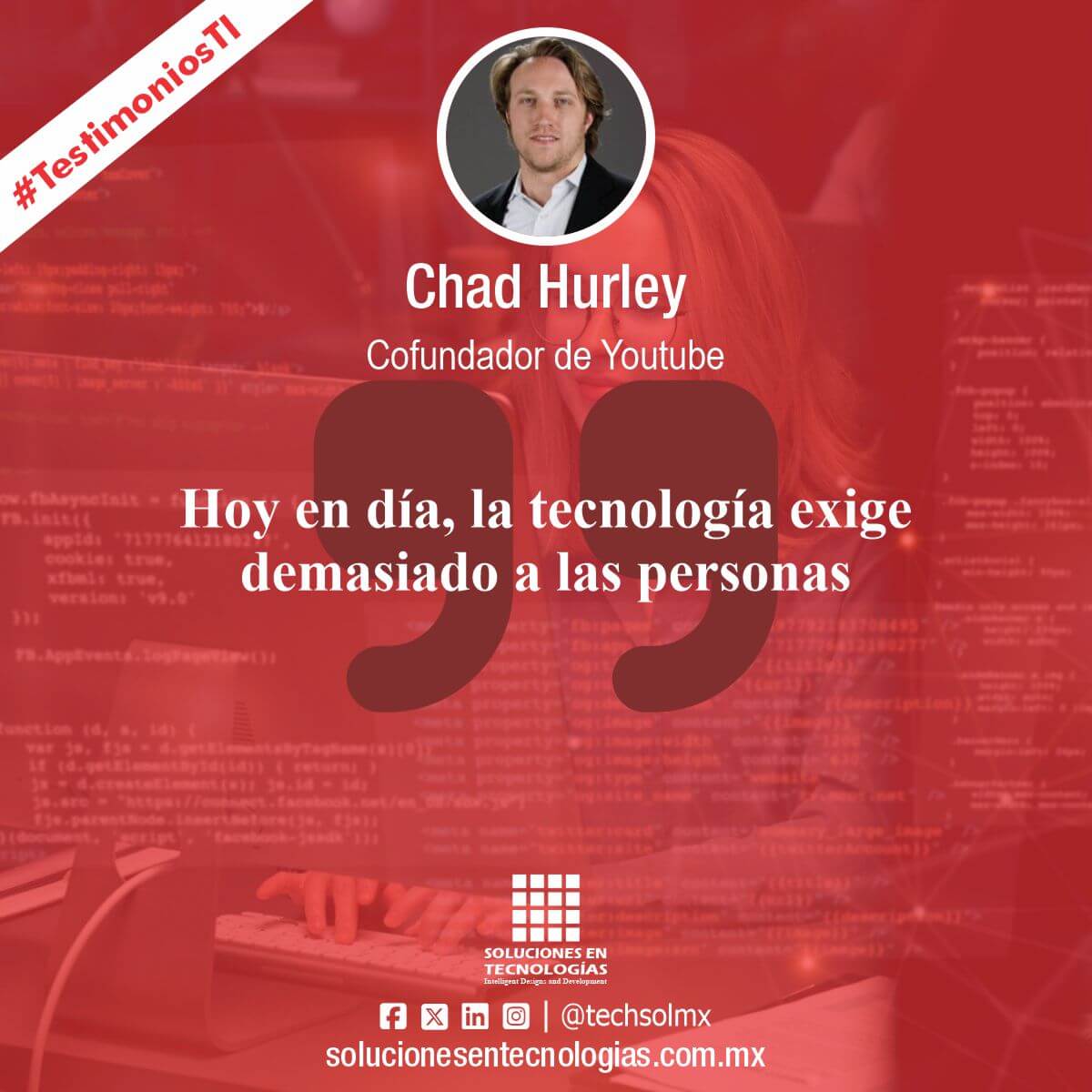 techsolmx's tweet photo. «Hoy en día, la tecnología exige demasiado a las personas». Chad Hurley, Cofundador de YouTube. Ver más: https://t.co/ofHj3WOieN

Síguenos en Facebook | Twitter | LinkedIn | Instagram: @techsolmx

#SomosSoluciones #TestimoniosTI #ChadHurley #YouTube #Tecnologías #Tecnología #TIC https://t.co/lonlseGccJ