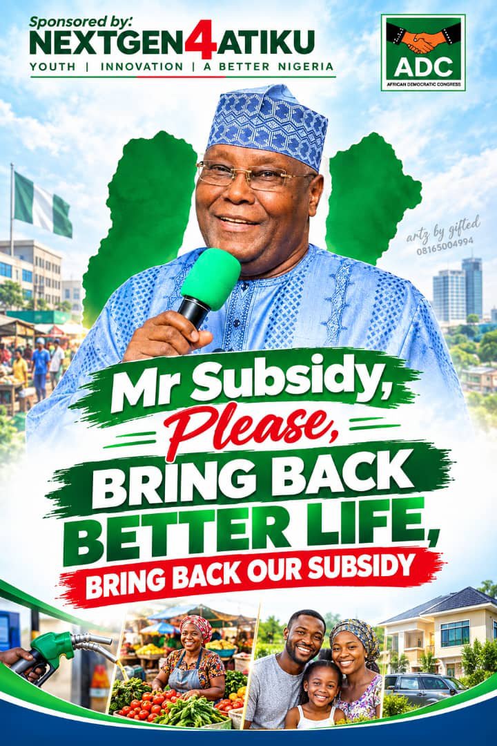 Prince_Ajunwas's tweet photo. Nigerians are not asking for too much - we just want to breathe again.
We want affordable food in our markets, smile on our families, and a roof we can afford.
Atiku understands the pain. Come 2027, let's BRING BACK OUR SUBSIDY, BRING BACK BETTER LIFE.
#BringBackOurSubsidy https://t.co/8T2OpstbOU