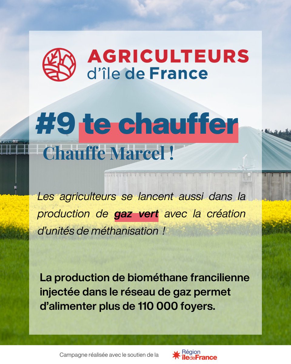 AgriculteursIDF's tweet photo. On a toujours besoin d’un agriculteur pour nous chauffer ! 🔥🌾

Les agriculteurs franciliens produisent aussi de l’énergie renouvelable.

Grâce à la méthanisation, les effluents d’élevage et les matières végétales sont transformés en biométhane : un gaz vert, local et injecté dans le réseau.

En Île-de-France, cette production permet déjà d’alimenter plus de 110 000 foyers ! 

Une façon concrète de valoriser les ressources agricoles tout en participant à la transition énergétique. 💚

@iledefrance @produitenIDF @CAIDF @Horizons_agri