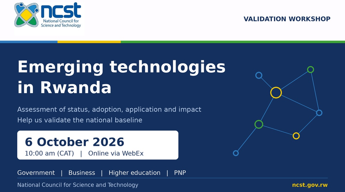 ScienceTechRw's tweet photo. Help shape Rwanda’s emerging technology priorities. Institutions and interested stakeholders are encouraged to join @ScienceTechRw online validation workshop and share their views on the assessment findings.
📅 6 October 2026 | 10:00 am
Join: https://t.co/kDJgRJDc4J https://t.co/J5ZeX80Sr4