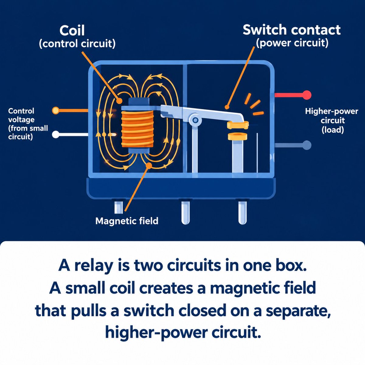 Midrex_0's tweet photo. A microcontroller can't drive a motor directly — too little current.
But it can trigger a relay, and the relay switches the big stuff. Two circuits, one box.
Day 11, learning Mechatronics + AI from zero. #mechatronics #buildinginpublic https://t.co/UHMZuhU4ds