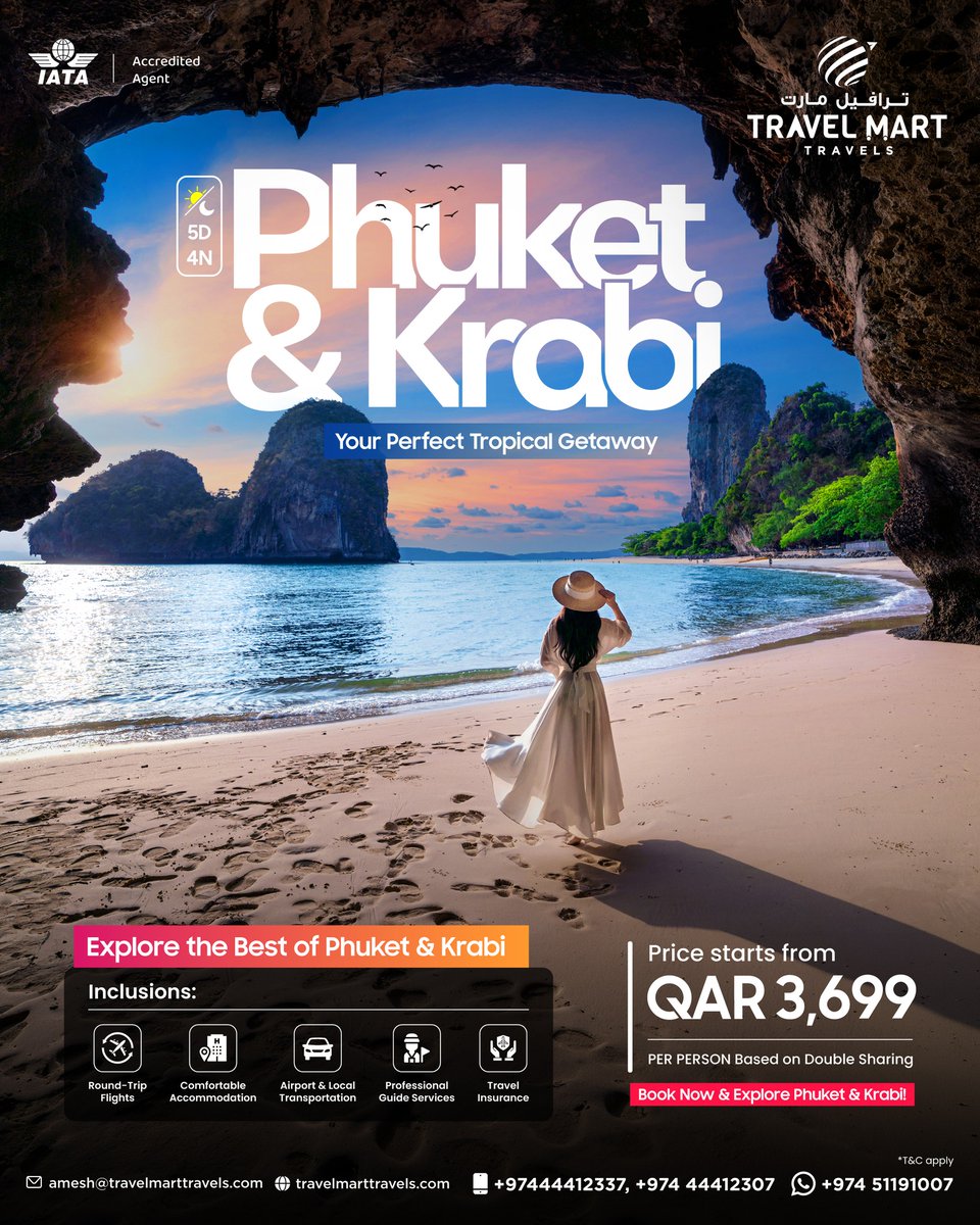 adil_gr's tweet photo. Phuket &amp; Krabi: Your Perfect Tropical Getaway

Enjoy a 5D/4N escape from QAR 3, 699 per person, including flights, accommodation, transport, guide services and travel insurance. Book your Thailand getaway with Travel Mart Travels today. https://t.co/hp2IyH1caF