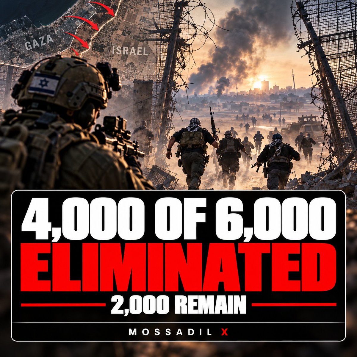 MOSSADil's tweet photo. BREAKING: 2/3 ELLIMINATE
The head of IDF Military Intelligence told the Security Cabinet last night that of the roughly 6,000 people who crossed into Israel on October 7, about 4,000 have since been eliminated.
“Two thousand remain — we will get every last one of them.”
Source: Israel Hayom.