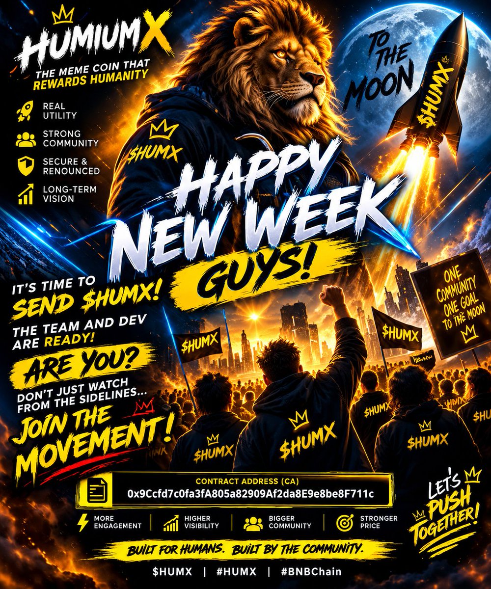 HumiumX's tweet photo. Happy New Week, HUMX Family! 🌍

It’s a new week, and the HUMIUMX team & Dev are ready to keep building.

Are you ready? Don’t just watch from the sidelines — join the movement and be part of the journey.

🟡 Built for Humans. Built by the Community.

📜 CA: 0x9Ccfd7c0fa3fA805a82909Af2da8E9e8be8F711c

$HUMX #HUMX #BNBChain