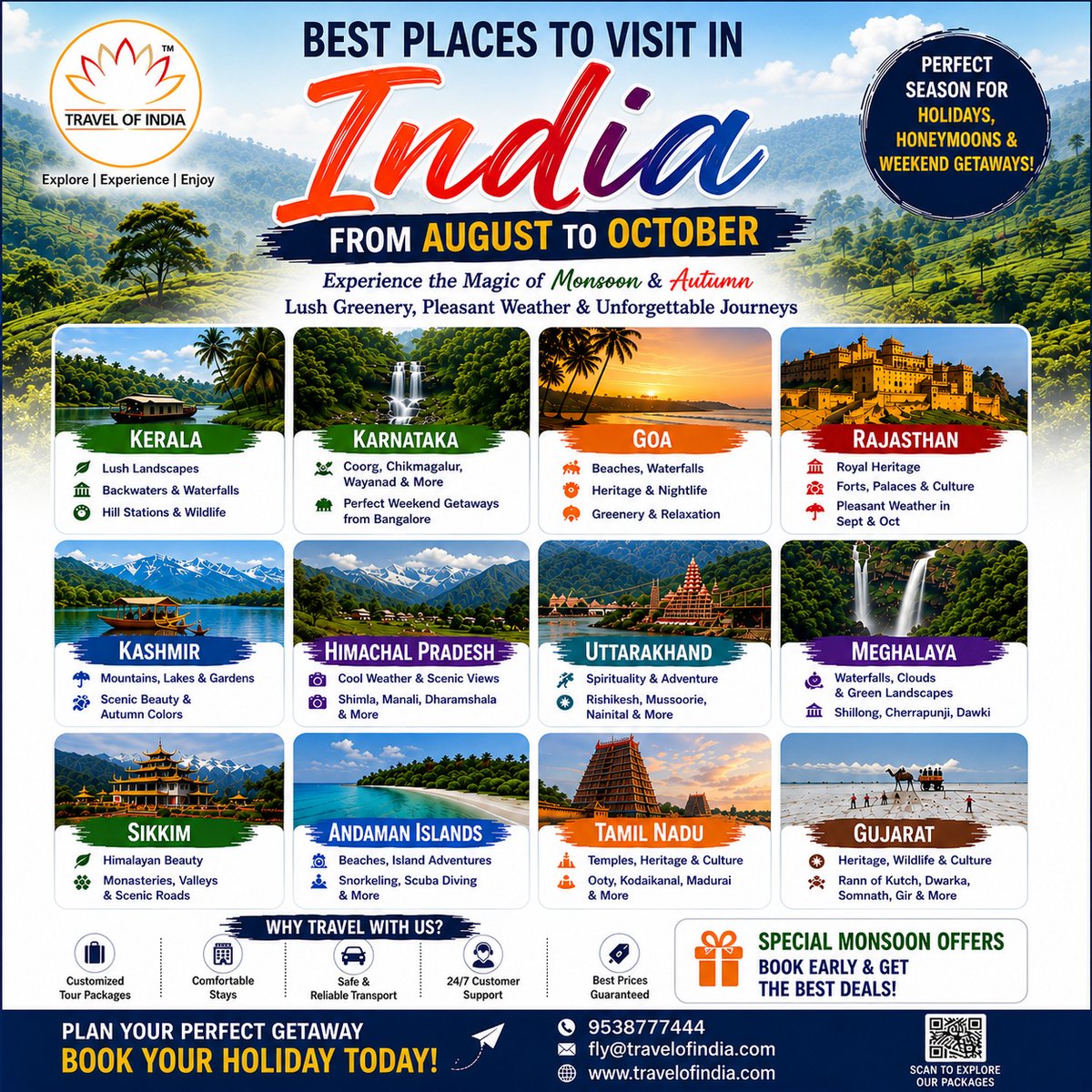 Tarugadao's tweet photo. Explore India’s best Aug–Oct escapes: lush hills, waterfalls, beaches, mountains and heritage cities. Perfect for honeymoons, family trips, weekend getaways and adventure holidays. DM for customized tours from Bangalore. https://t.co/ttp4y7rdDD