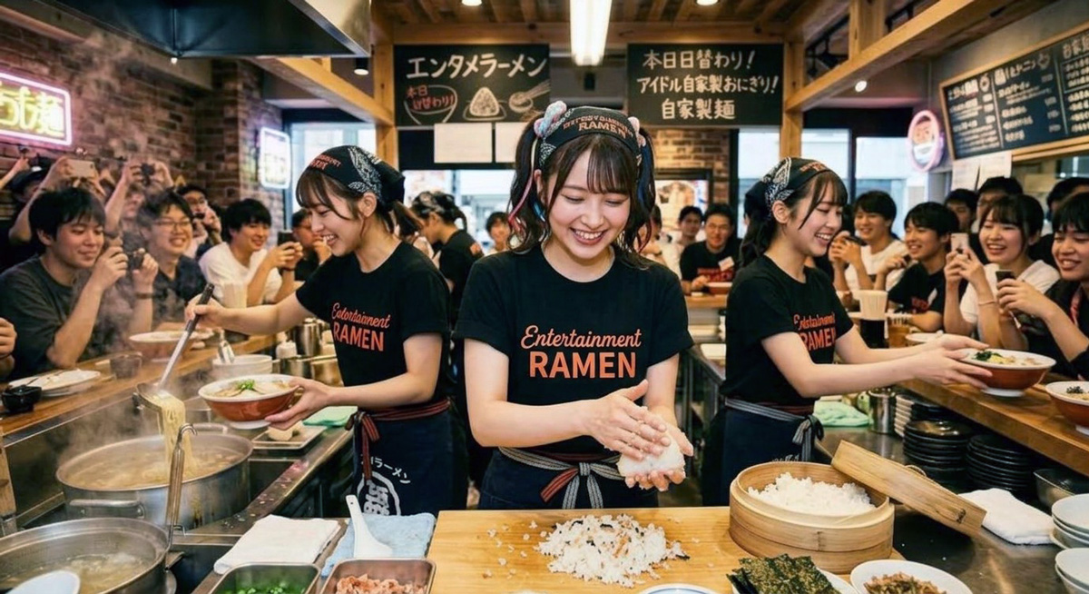 SH1NM1RA1's tweet photo. 『エンタメラーメン』
日替わりで料理自慢の芸能人・インフルエンサー・クリエイターが「1日店長」として本格ラーメンを提供

◎アイドルがお湯を注ぐだけのカップラーメン日（通称：お湯注ぎ日）」といったシュールな特別企画
◎「推しがその場で握る！愛情たっぷり『手塩にかける』おにぎり」※衛生管理のもと調理いたします