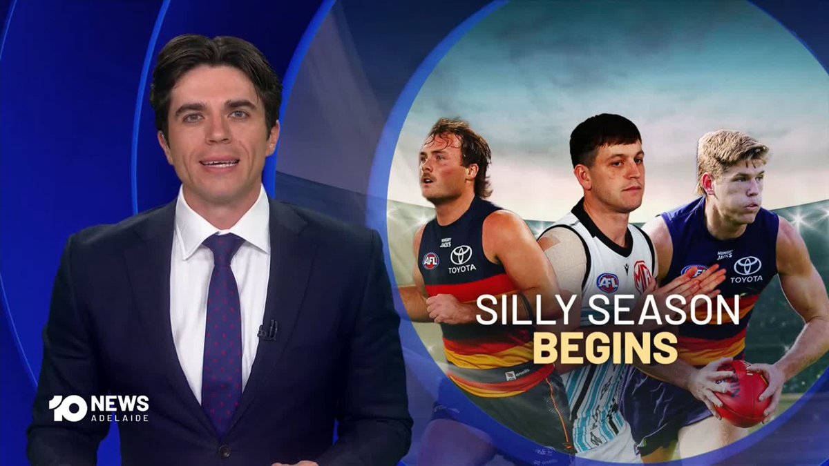 A news broadcast screenshot from '10 NEWS Adelaide' showing a male news anchor alongside a graphic reading 'SILLY SEASON BEGINS' featuring three AFL players in uniform.