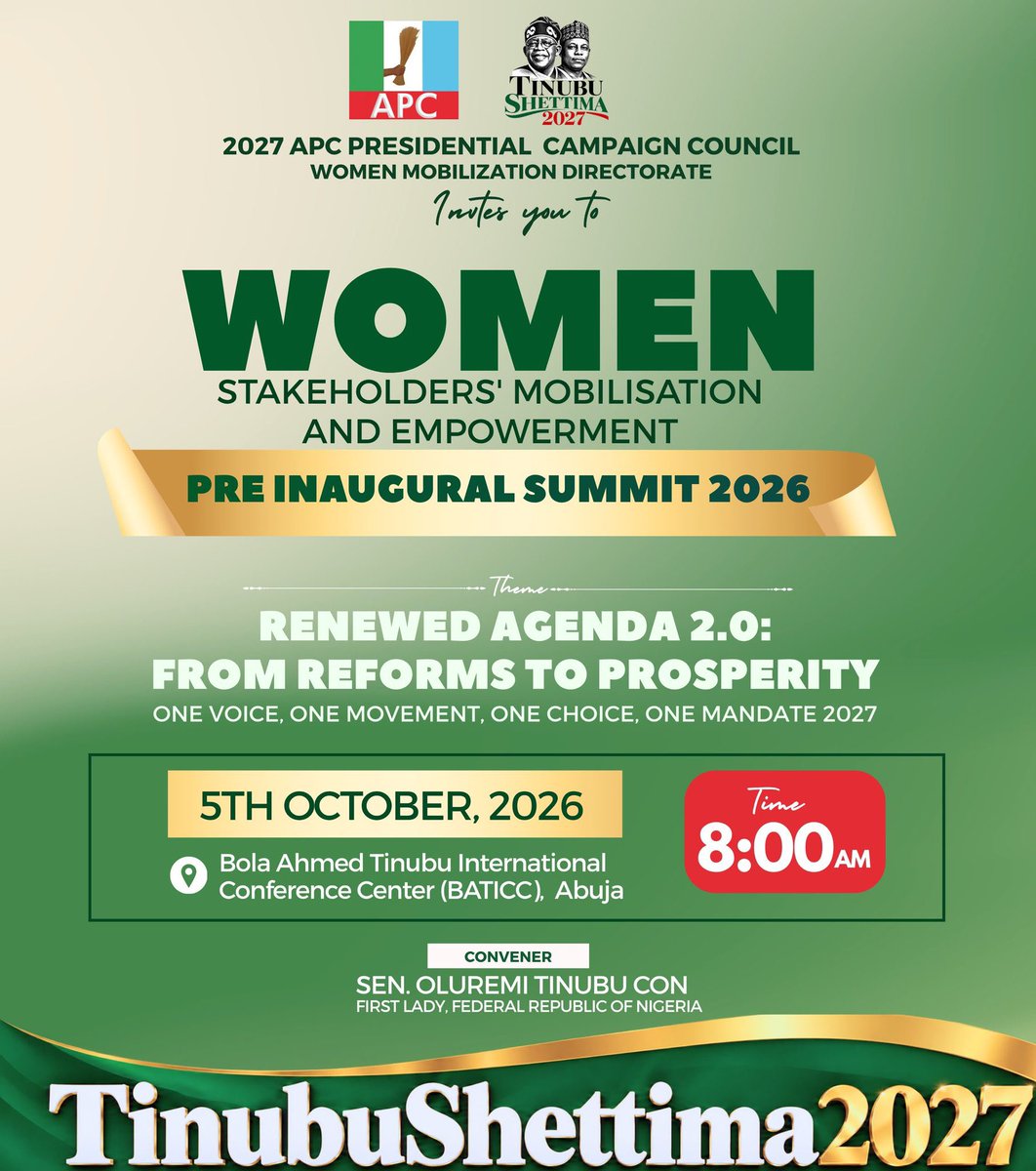 moore_ojo's tweet photo. APC WOMEN MOBILIZATION DIRECTORATE | PRE-INAUGURAL SUMMIT 2026
The APC Women Mobilization Directorate of the 2027 Presidential Campaign Council, under the leadership of Her Excellency, First Lady @SenRemiTinubu, convenes women leaders and stakeholders for its Pre-Inaugural Summit 2026.
A strategic gathering focused on strengthening coordination, grassroots engagement and women’s participation ahead of 2027.
#RenewedAgenda
#TinubuShettima2027
#APCWomenStakeholdersSummit