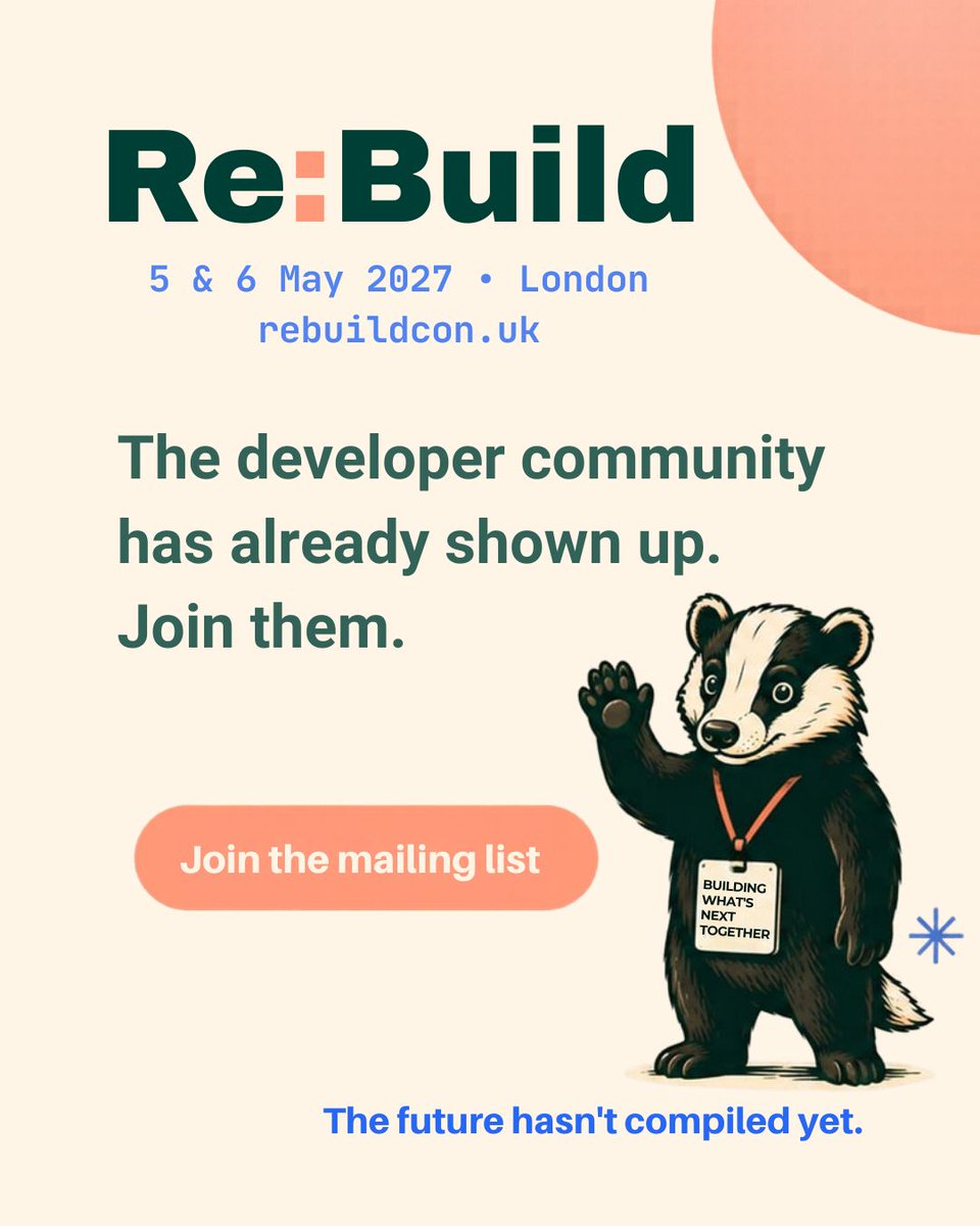 kc_fletcher's tweet photo. Last month, we announced @ReBuild_Con and launched the mailing list. The developer community has already joined. Sign up to stay updated on event news, promotions, speakers, tickets, and more. 

➡️ https://t.co/CdV8kKAHku https://t.co/7rZL66qlO2