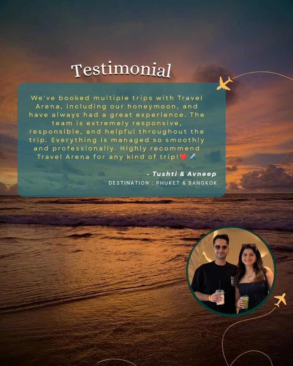 SoccoPunk's tweet photo. Tushti &amp; Avneep return to Thailand for another seamless escape. From their honeymoon to Phuket and Bangkok, it’s been a joy crafting their journeys. Thank you for your continued trust in Travel Arena. https://t.co/sdW6AEcfNg