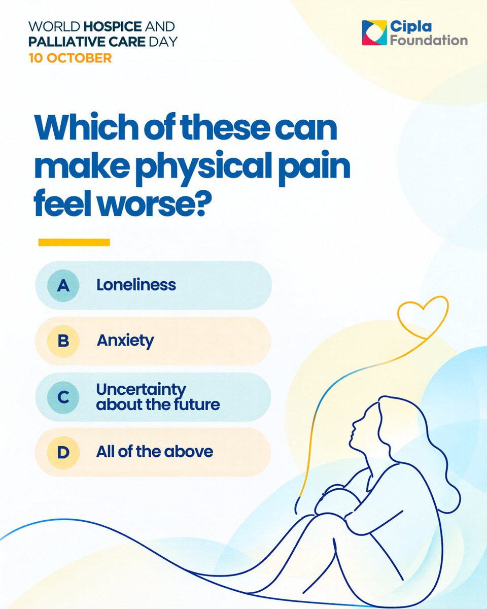 CiplaFoundation's tweet photo. Can emotional and social challenges make physical pain feel worse?

Yes. Loneliness, anxiety and uncertainty about the future can intensify suffering.

The concept of “Total Pain” recognises physical, psychological, social and spiritual dimensions of pain.

#WHPCD2026 https://t.co/loESDRprD3