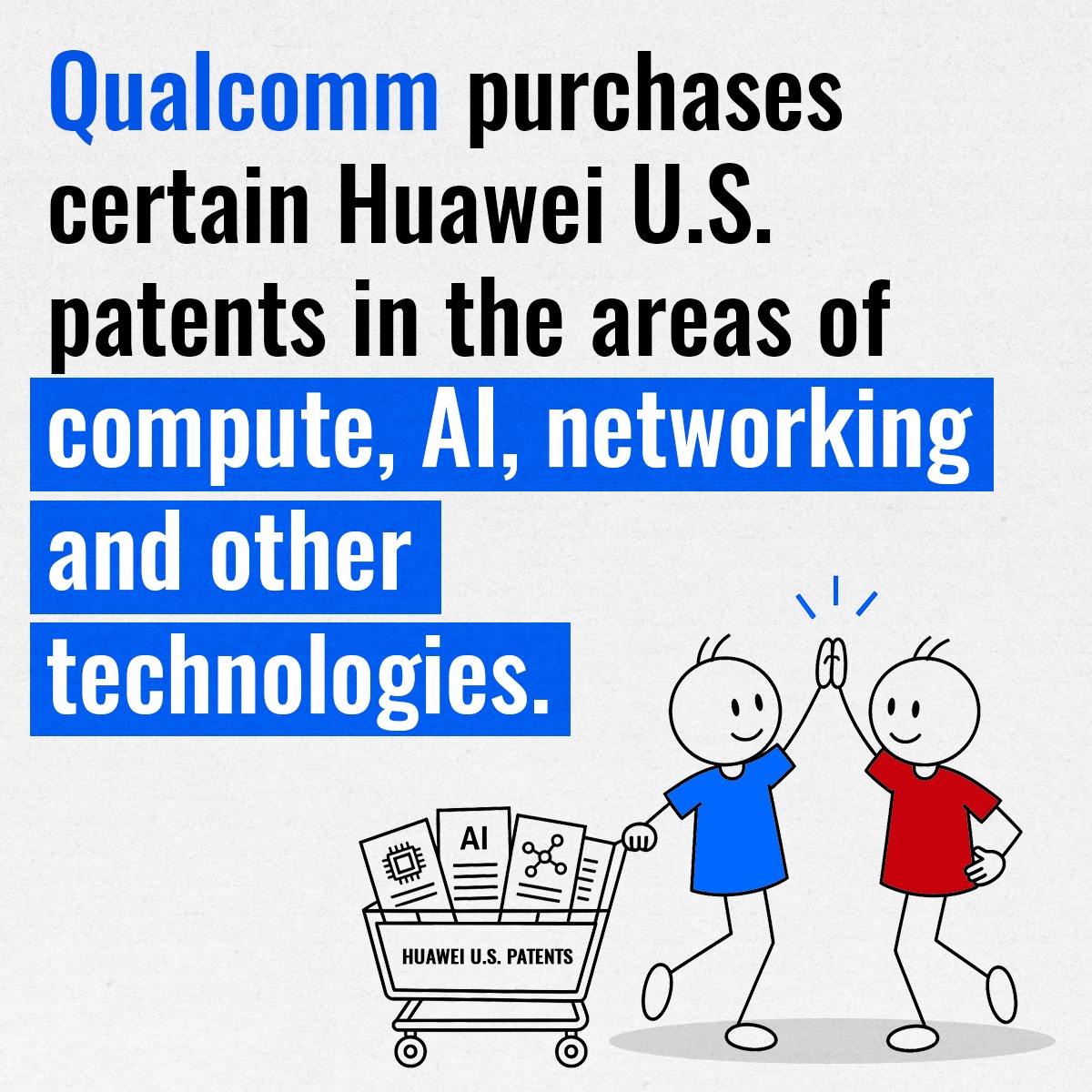 Huawei's tweet photo. Huawei and Qualcomm have announced a multi-year, broad patent license agreement that includes cross licenses to the companies' patent portfolios across a range of fields, including 5G, compute, AI, and networking, together with Qualcomm's purchase of certain Huawei U.S. patents.