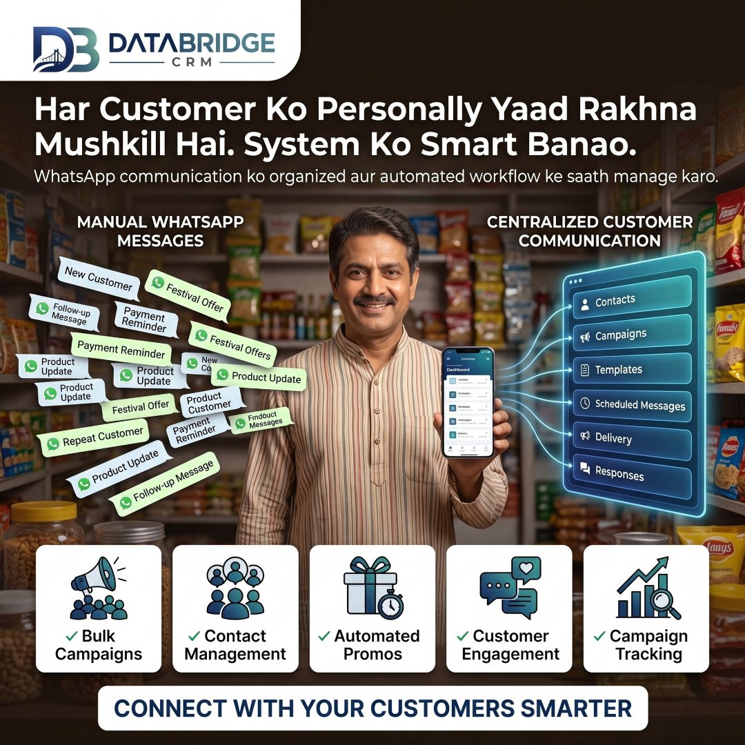 Databridge_crm's tweet photo. Har customer ko personally yaad rakhna mushkil hai, lekin DataBridge CRM ke saath customer communication ko smart aur organized bana sakte hain. 📱

Connect With Your Customers Smarter. 🚀

#CustomerManagement #WhatsAppMarketing #CRM #CustomerEngagement #DataBridgeCRM https://t.co/OgY1eSoXkX