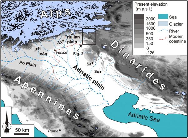 theiaincameron's tweet photo. Around 20,000 years ago, at the height of the last Ice Age, Venice was nearly 300 km (185 miles) from the sea.

Sea level was around 120 m (400 ft) lower, exposing a vast lowland across much of the northern Adriatic.

1/3 https://t.co/gQcdrTyp6Z