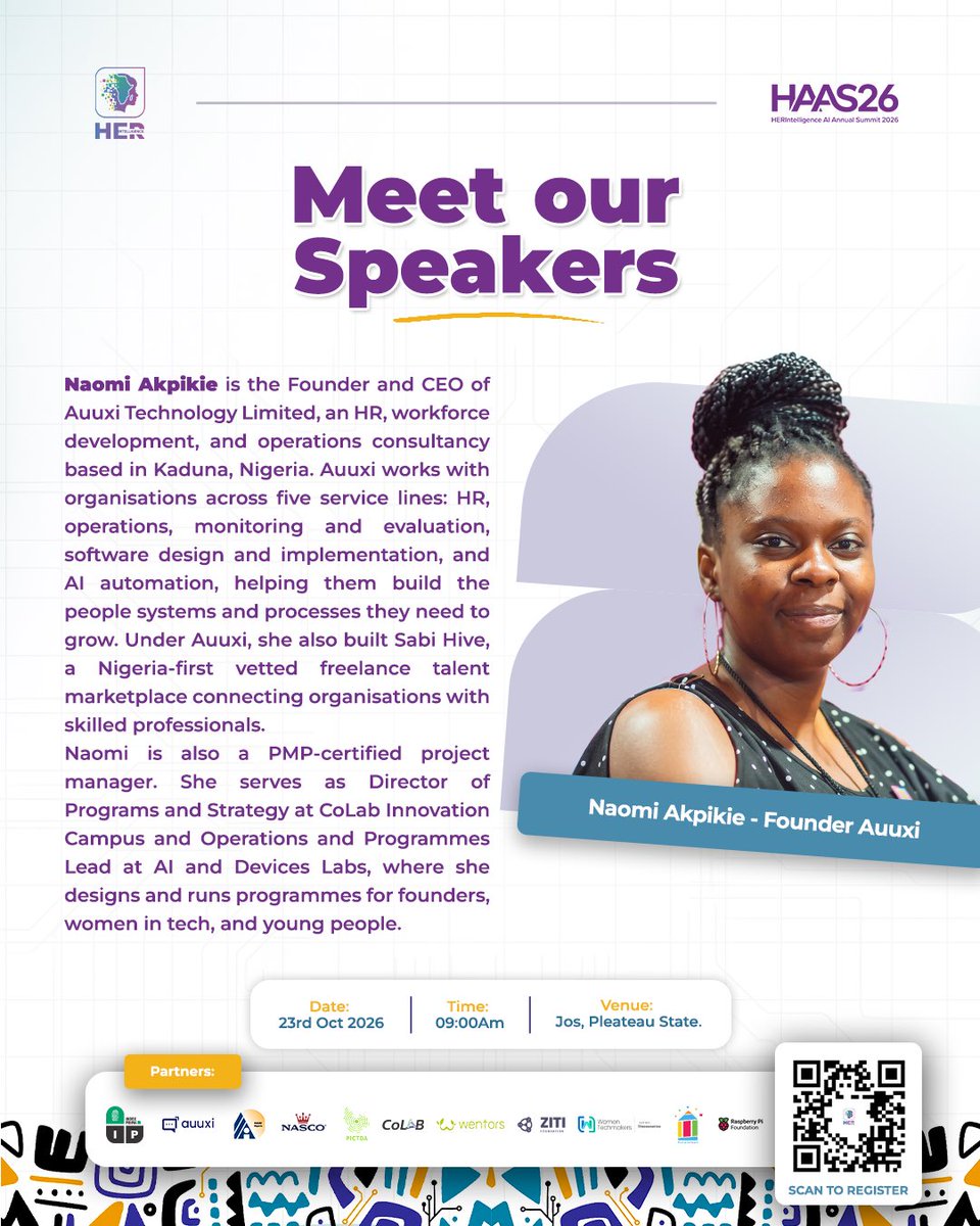 HERintelligenc's tweet photo. Meet Naomi Akpikie — Founder & CEO of Auuxi Technology, builder of Sabi Hive (Nigeria-first freelance marketplace), PMP-certified PM & Director of Programs @ CoLab.
She builds systems, people & the future.
Catch her at HERIntelligence! 💜
#HERIntelligence #AISummit #WomenInAI https://t.co/w4FCEsZYvz
