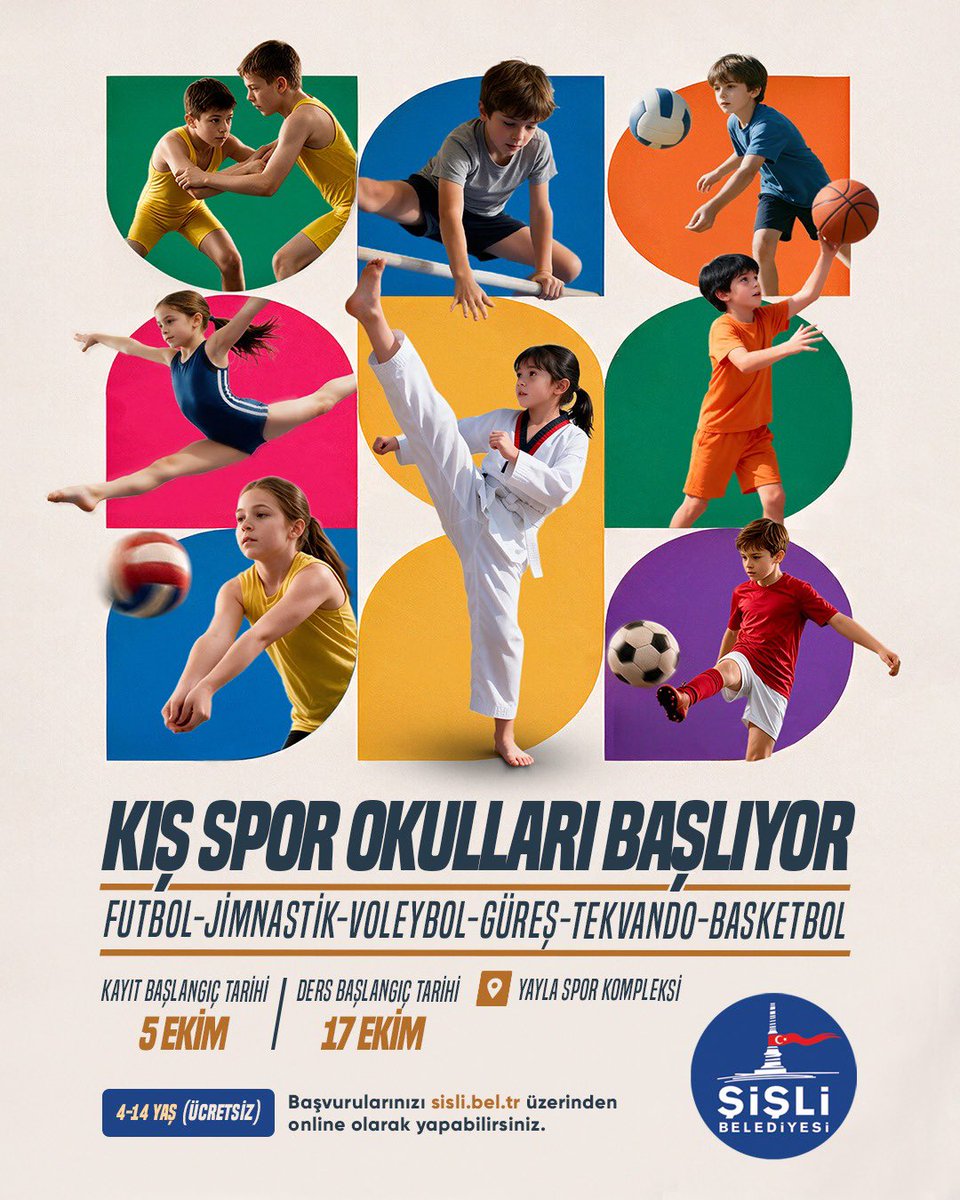 sislibelediyesi's tweet photo. Kış Spor Okulları başlıyor. ⚽🥋🏀🏐

4-14 yaş arası çocuklarımıza yönelik futbol, jimnastik, voleybol, güreş, tekvando ve basketbol branşlarıyla bu kış hem öğrenecek hem de eğleneceğiz.

📅Başvuru Başlangıç Tarihi: 5 Ekim Pazartesi
📍Yayla Spor Kompleksi
👨‍💻Başvuru: https://t.co/CGNB8P0BaR
📌Ücretsizdir.