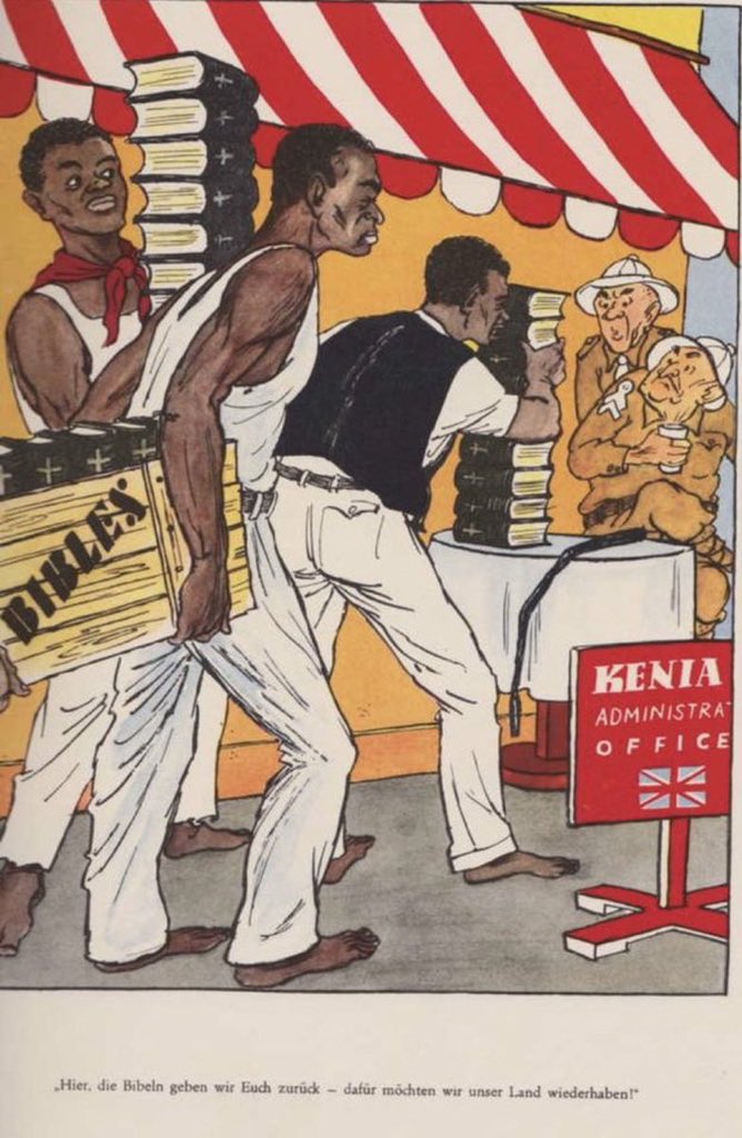 talkafricana's tweet photo. Kenyans returning Bibles in crates to the British colonial office in an East German cartoon from 1953, with the caption, "Here, we are giving you your Bibles back, now give us our land back." https://t.co/MnNfIr71VZ
