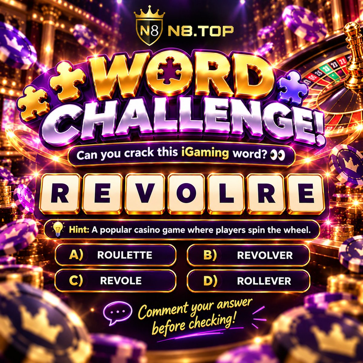 n8_social66758's tweet photo. 🧩🔥 WORD CHALLENGE!
Can you crack the iGaming word? 👀

R E V O L R E — Which option is correct? 🎯
🔗 LINK IN BIO

#N8 #N8TOP #N8COM #WordChallenge #GuessTheWord #Puzzle #Trivia #Gaming #Entertainment https://t.co/uwHsFf3LnV