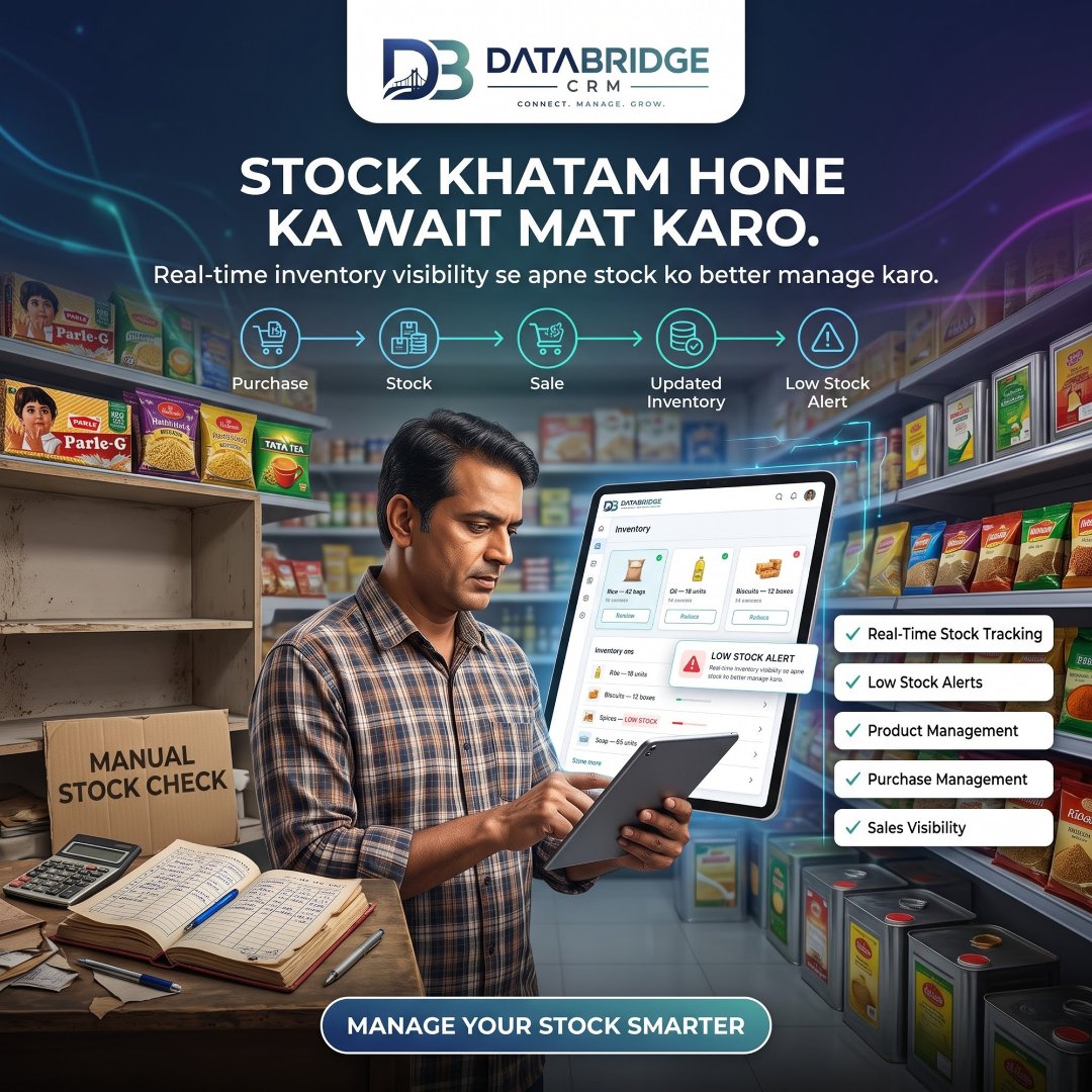 Databridge_crm's tweet photo. 📦 Stock khatam hone ka wait mat karo!

Real-time inventory tracking, low-stock alerts &amp; smarter stock management. 🚀

DataBridge CRM — Manage Your Stock Smarter.

#DataBridgeCRM #InventoryManagement #StockManagement https://t.co/cfppVahWdL