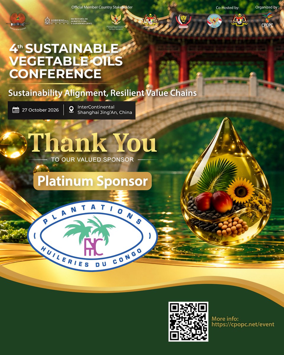 CPOPC_NET's tweet photo. We are pleased to recognise Plantations et Huileries du Congo (@PHC_RDC) as a Platinum Sponsor of the 4th SVOC.

CPOPC sincerely appreciates PHC’s generous support and commitment to the success of the Conference.

Thank you, PHC, for being part of the 4th SVOC! https://t.co/SfH76NZuMP