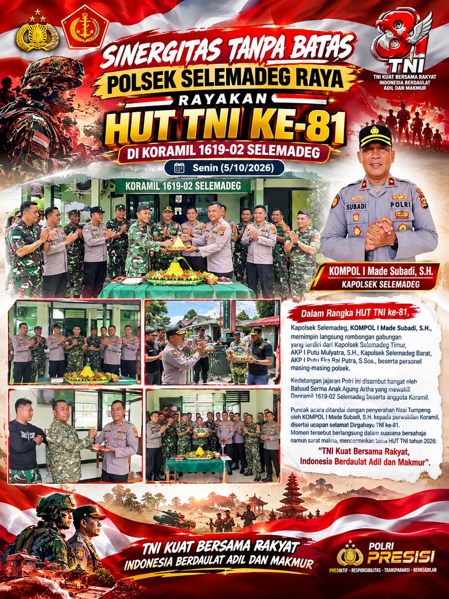 PolsekSelemadeg's tweet photo. Sinergitas Tanpa Batas! Jajaran Polsek Selemadeg Raya (Polsek Selemadeg, Selemadeg Barat, dan Selemadeg Timur) mendatangi Koramil 1619-02 Selemadeg untuk memberikan kejutan dan ucapan selamat HUT TNI ke-81.
#HUTTNI81 #SinergitasTNIPolri #PolresTabanan #TNIKuatBersamaRakyat https://t.co/jkDRE2nwDp