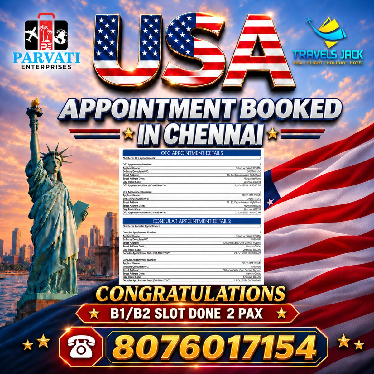 baongan616's tweet photo. USA B1/B2 visa appointments confirmed for 2 clients in Chennai. OFC and consular interview appointments booked with professional assistance. Planning a USA trip? Get expert guidance for your visa appointment process. Contact: 8076017154 https://t.co/OhE9N0ImPv