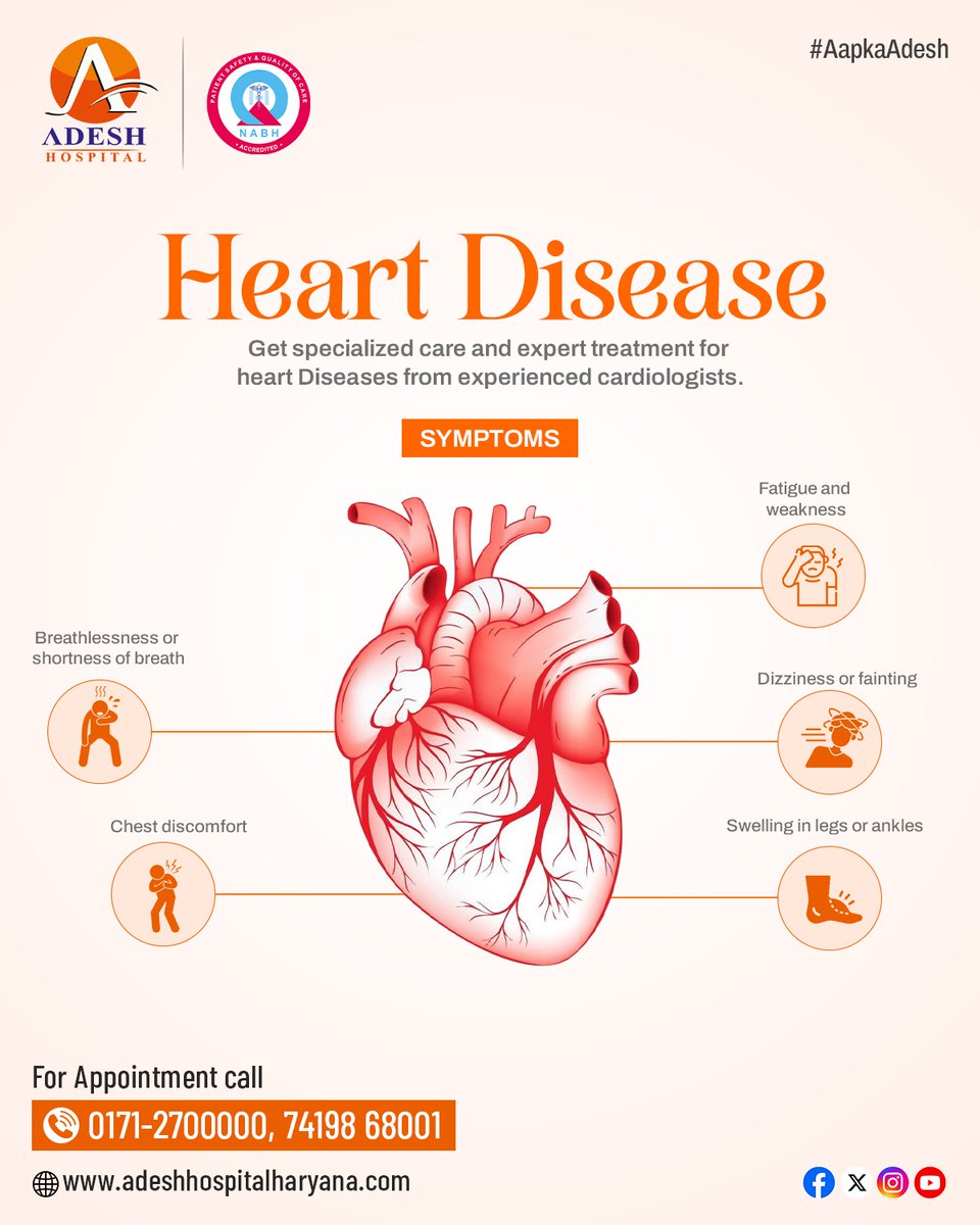 AdeshHospital's tweet photo. Don’t ignore the warning signs of heart disease.❤️ 

Get expert cardiac care at Adesh Hospital Haryana.

📞 Call Now: 0171-2700000 | 74198 68001

#AdeshHospital #AdeshHospitalHaryana #HeartDisease #HeartHealth #Cardiology #HeartCare #CardiacCare #HealthyHeart #AapkaAdesh https://t.co/dBlEBng6jN