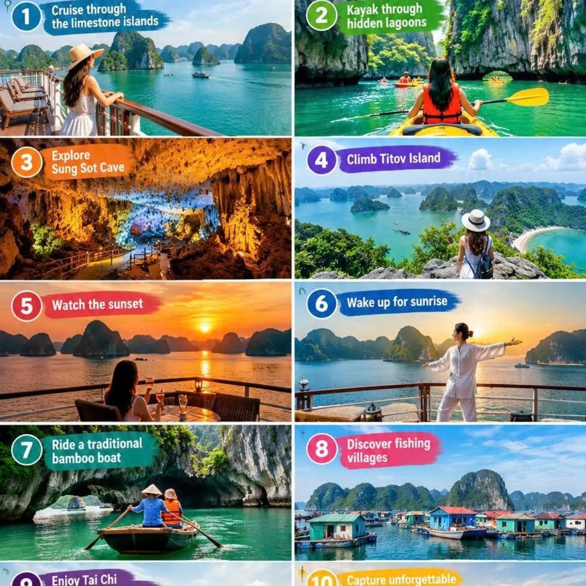1000Ross's tweet photo. Top 9 Things to Do in Ha Long Bay

Cruise the bay, kayak through lagoons, explore Sung Sot Cave, visit Titov Island, catch sunset and sunrise, ride a bamboo boat, discover floating villages, and unwind onboard. A 2D1N cruise is the best way to https://t.co/mUtuiUBpU4