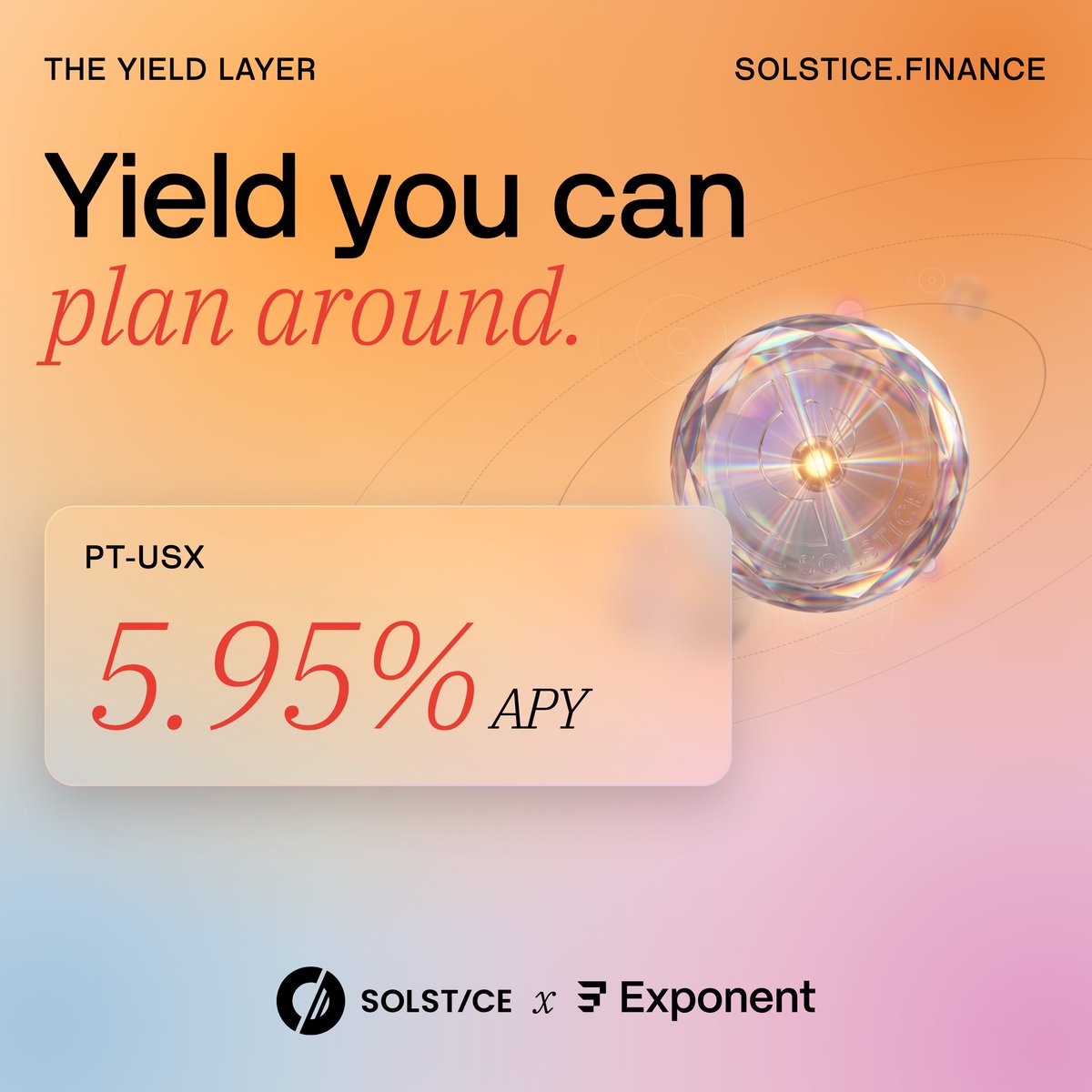 solsticefi's tweet photo. A fixed 5.95% APY through Dec 1st, with PT-USX on @ExponentFinance.

Held to maturity, the rate you enter at is the rate you get. https://t.co/zIh7Uu6eNM