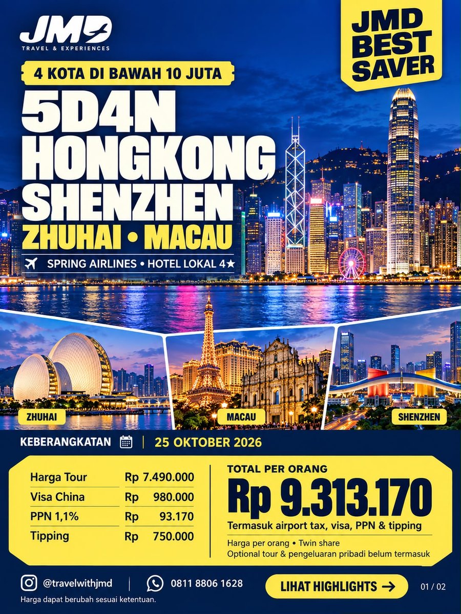 sniper_tito's tweet photo. 4 kota dalam 5 hari, total masih di bawah Rp10 juta. Hong Kong, Shenzhen, Zhuhai, Macau
25 Oktober 2026

Sudah termasuk tiket PP, hotel 4★, bagasi 20 kg, meals, transport, tour leader, airport tax, visa China, PPN, dan tipping. Total Rp9. 313. https://t.co/tSY6Vf56I6