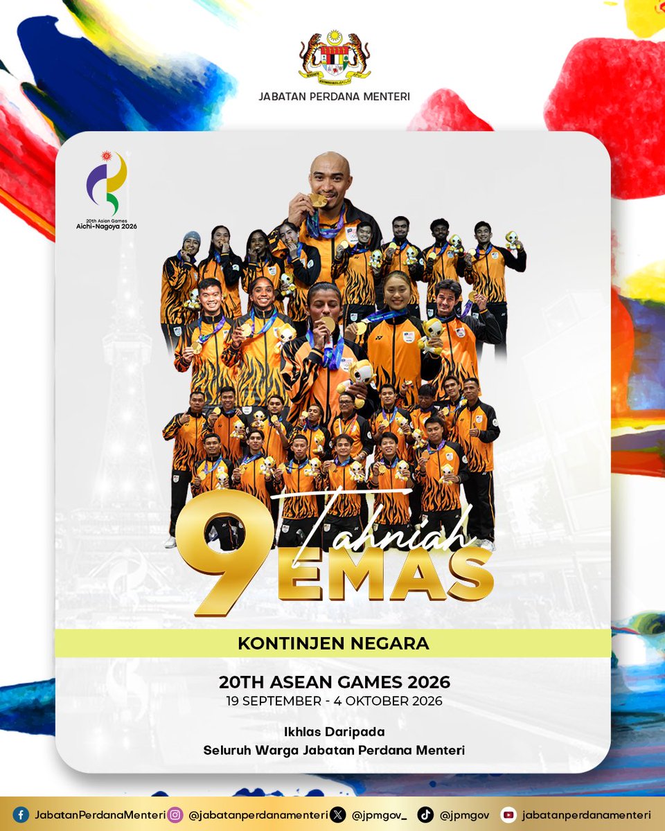jpmgov_'s tweet photo. 🇲🇾 𝐌𝐀𝐋𝐀𝐘𝐒𝐈𝐀 𝐌𝐄𝐍𝐔𝐓𝐔𝐏 𝐓𝐈𝐑𝐀𝐈 𝐒𝐔𝐊𝐀𝐍 𝐀𝐒𝐈𝐀 𝐀𝐈𝐂𝐇𝐈-𝐍𝐀𝐆𝐎𝐘𝐀 𝟐𝟎𝟐𝟔 𝐃𝐄𝐍𝐆𝐀𝐍 𝟑𝟐 𝐏𝐈𝐍𝐆𝐀𝐓!

Tahniah diucapkan kepada kontinjen Malaysia yang berjaya menamatkan saingan Sukan Asia Aichi-Nagoya 2026 di kedudukan ke-11 dengan kutipan 32 pingat keseluruhan.

🥇 9 emas
🥈 7 perak
🥉 16 gangsa

Pencapaian ini dilakar hasil semangat juang, disiplin, ketekunan dan pengorbanan para atlet yang membawa nama Malaysia ke pentas Asia.

Setinggi-tinggi penghargaan dan terima kasih kepada seluruh kontinjen Malaysia, termasuk para atlet, jurulatih, pegawai dan semua pihak yang memberikan sokongan sepanjang temasya berlangsung.

Terima kasih, wira dan wirawati negara. Anda semua kebanggaan Malaysia!

#JabatanPerdanaMenteri
#RancakkanMADANI
#MalaysiaMADANI
#MADANIBekerja 

@MalaysiaPMO 
@shamsulazribakr