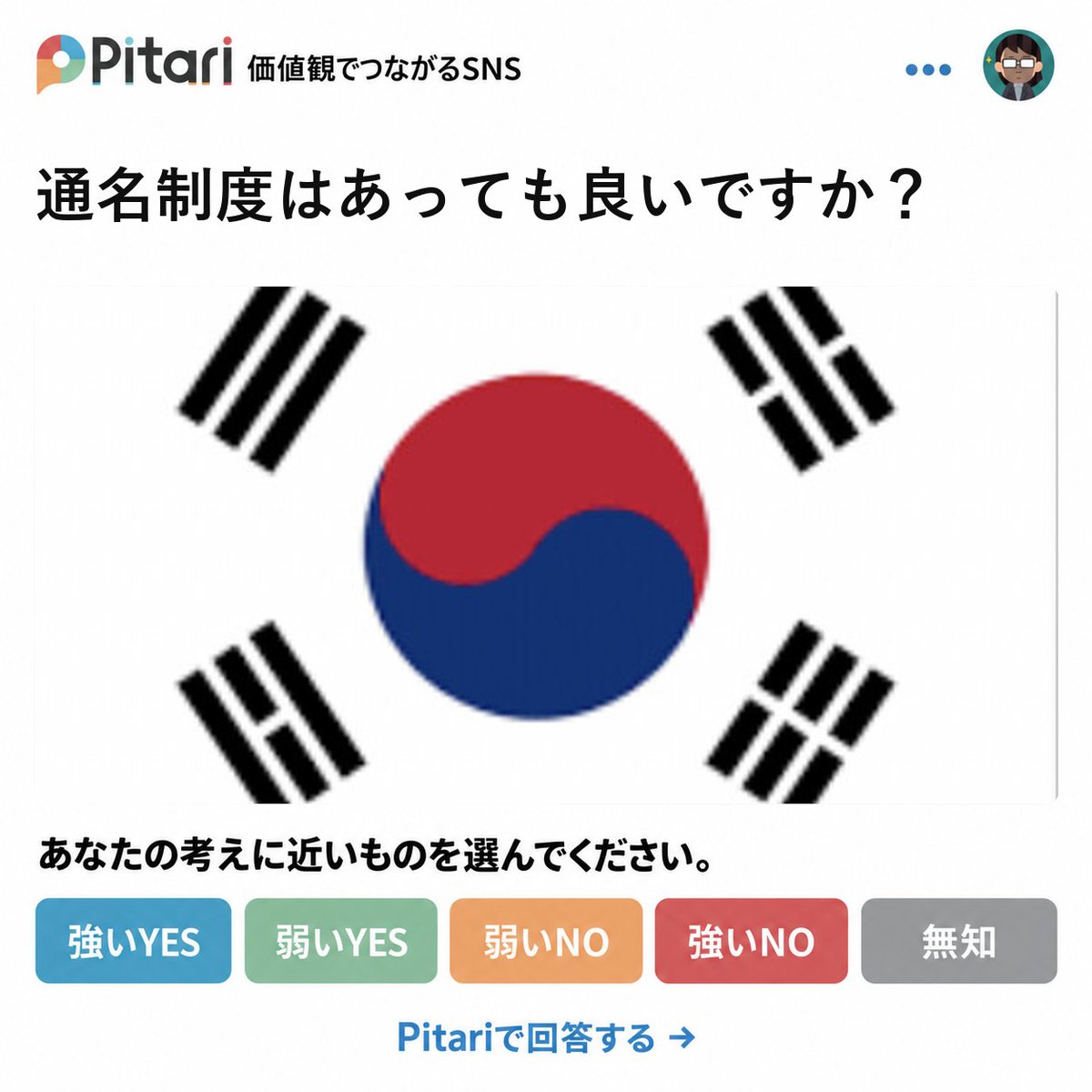 pitari_official's tweet photo. 【質問】
通名制度はあっても良いですか？

🔵あっても良い→YES
🔴あってはいけない→NO

👇アンケート👇