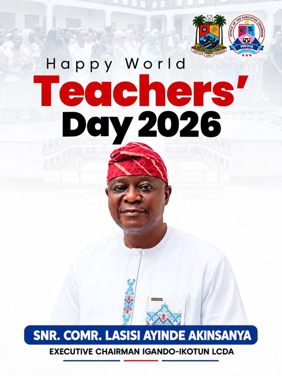 Igandoikotun's tweet photo. AKINSANYA CELEBRATES TEACHERS, APPLAUDS THEIR ROLE IN BUILDING THE FUTURE
The Executive Chairman of Igando-Ikotun LCDA, Snr. Comr. Lasisi Ayinde Akinsanya has extended warm greetings to teachers across Igando-Ikotun, Lagos State, and Nigeria as the world marks World Teachers’ Day https://t.co/tZ5DP6pW1Y