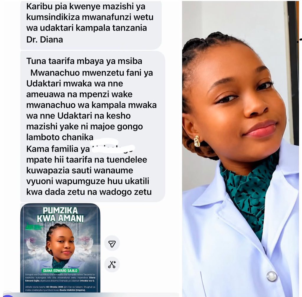 TweveDevota's tweet photo. Huyu binti alikuwa mwanachuo wa mwaka wa 4 kozi ya Udaktari Chuo Kikuu cha Kampala, Dar, inadaiwa ameuwawa na mpenzi wake kwa kuchomwa kisu.

Elimu juu ya kuhimili mihemuko na changamoto ni muhimu sana kwa vijana ili kupunguza vifo kama hivi. 

Imetosha sasa😭 https://t.co/HZLfe3WtTE