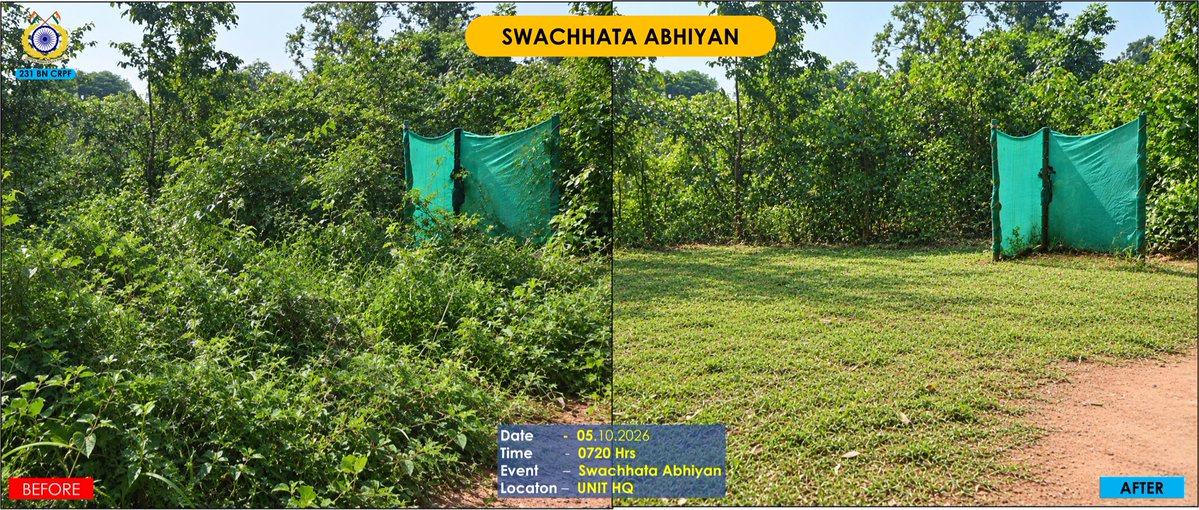 231bnCrpf's tweet photo. Under #SpecialCampaign6.0 &amp; #FitIndiaFreedomRun 7.0, personnel of 231 BN led a cleanliness drive at HQ! 🧹🏃‍♂️✨
Championing a clean campus &amp; daily fitness as a way of life—healthy habits build a stronger nation! 🇮🇳💪🌿
#SwachhBharat #FitIndia https://t.co/r1sVsRih6T