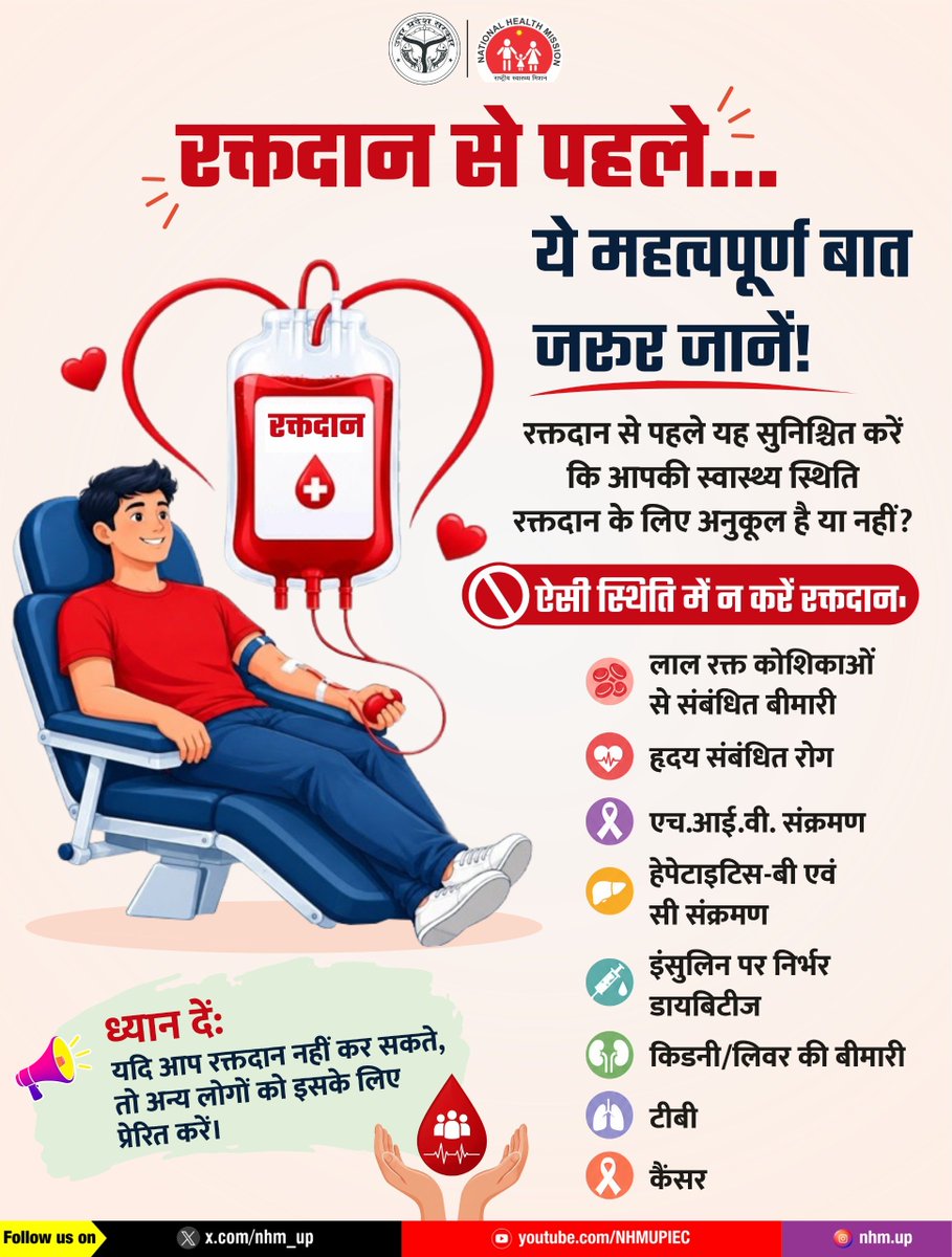 nhm_up's tweet photo. रक्तदान सिर्फ़ किसी की मदद करने का फैसला नहीं, सही समय पर सही निर्णय लेने की जिम्मेदारी भी है।

यदि आपकी कोई ऐसी स्वास्थ्य स्थिति है जिसमें रक्तदान उचित नहीं है, तो रक्तदान न करें। इसके बजाय किसी योग्य व्यक्ति को रक्तदान के लिए प्रेरित करें।

सही निर्णय लें, सुरक्षित रक्तदान करें।

Blood Donation | Donor Eligibility | Blood Donor Health

#BloodDonation #DonateBloodSaveLives #NHMUP
