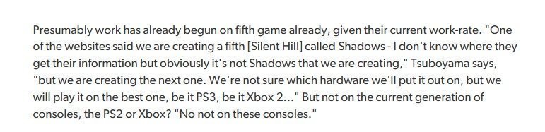 Darkknight2149's tweet photo. In the mid-2000s, it was rumored that Team Silent's fifth game would be titled 'Silent Hill 5: Shadows of the Past' focusing on mental hospital patients. This was debunked by developers Masashi Tsuboyama and Akihiro Imamura, who revealed the next game to be about daylight horror. https://t.co/ZWZnvMxxeb