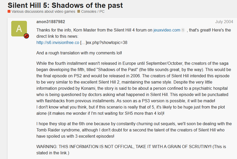 Darkknight2149's tweet photo. In the mid-2000s, it was rumored that Team Silent's fifth game would be titled 'Silent Hill 5: Shadows of the Past' focusing on mental hospital patients. This was debunked by developers Masashi Tsuboyama and Akihiro Imamura, who revealed the next game to be about daylight horror. https://t.co/ZWZnvMxxeb